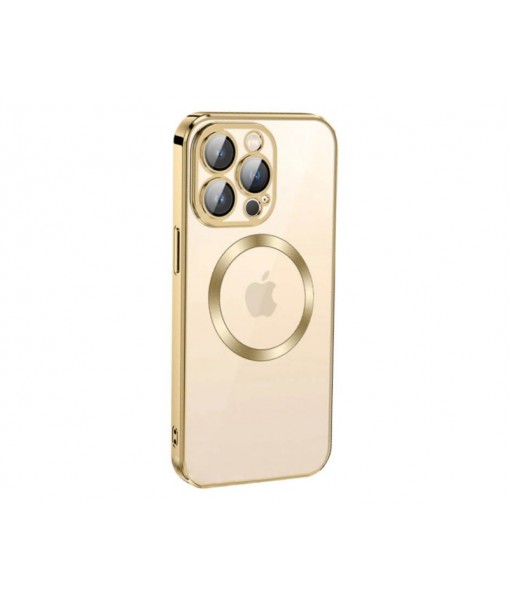 Husa iPhone 14 Pro Max, MagSafe Electro, Spate Transparent, Rama Gold